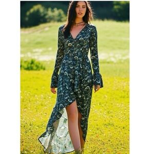 New Band of Gypsies Collective Jewel Teal Floral Wrap Maxi Dress Sz XS